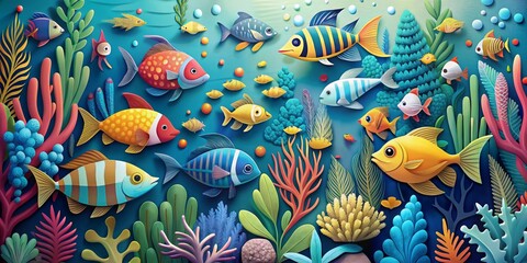 Fototapeta premium Underwater Papercut Paradise A Colorful Symphony of Fish and Coral, papercut , fish , ocean , coral reef