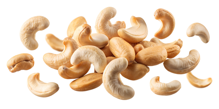 Flying Delicious Cashew Nuts Isolated on Transparent Background