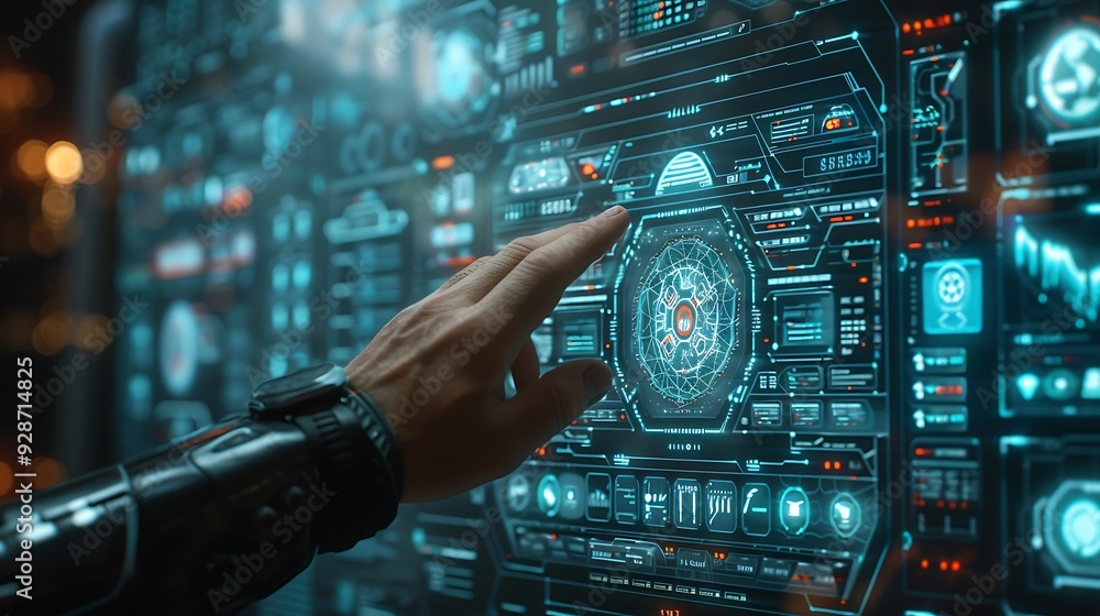Poster illustration of a mans hand navigating a hightech cybersecurity screen