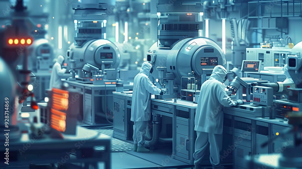 Poster cartoon 3d physicists setting up a complex experiment with equipment