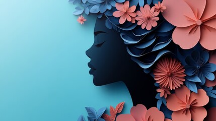 International Womens Day flyer with woman silhouette and floral ornaments in paper cut 3D illustration. Girl face poster for feminism, independence, empowerment and women, Generative AI