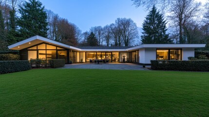 Obraz premium A contemporary home showcases expansive glass windows as twilight sets in, highlighting a stylish dining area on the terrace