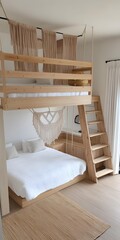 Modern Bedroom Interior Design with Wooden Bunk Bed and Macrame Wall Decor
