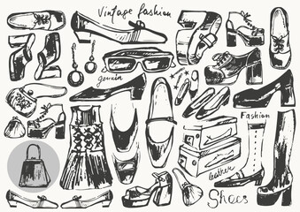 Hand drawn ink retro shoes illustration.