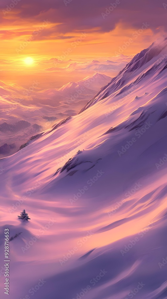 Wall mural Mountain Landscape with Pink Sky and Sunset