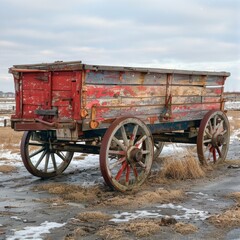 Obraz premium An antique, weathered wooden wagon with red and blue paint remnants stands in a snowy and grassy field, showing signs of age and historical significance