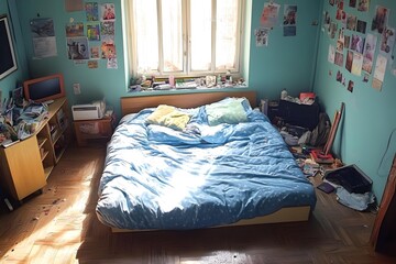Blue Bed in a Messy Bedroom
