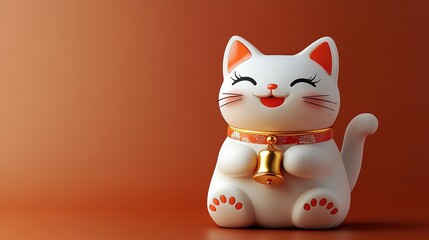 A White Maneki-Neko Lucky Cat Figurine with a Golden Bell