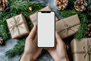 Hands Holding Smartphone with Blank Screen Amidst Natural Christmas Decor
