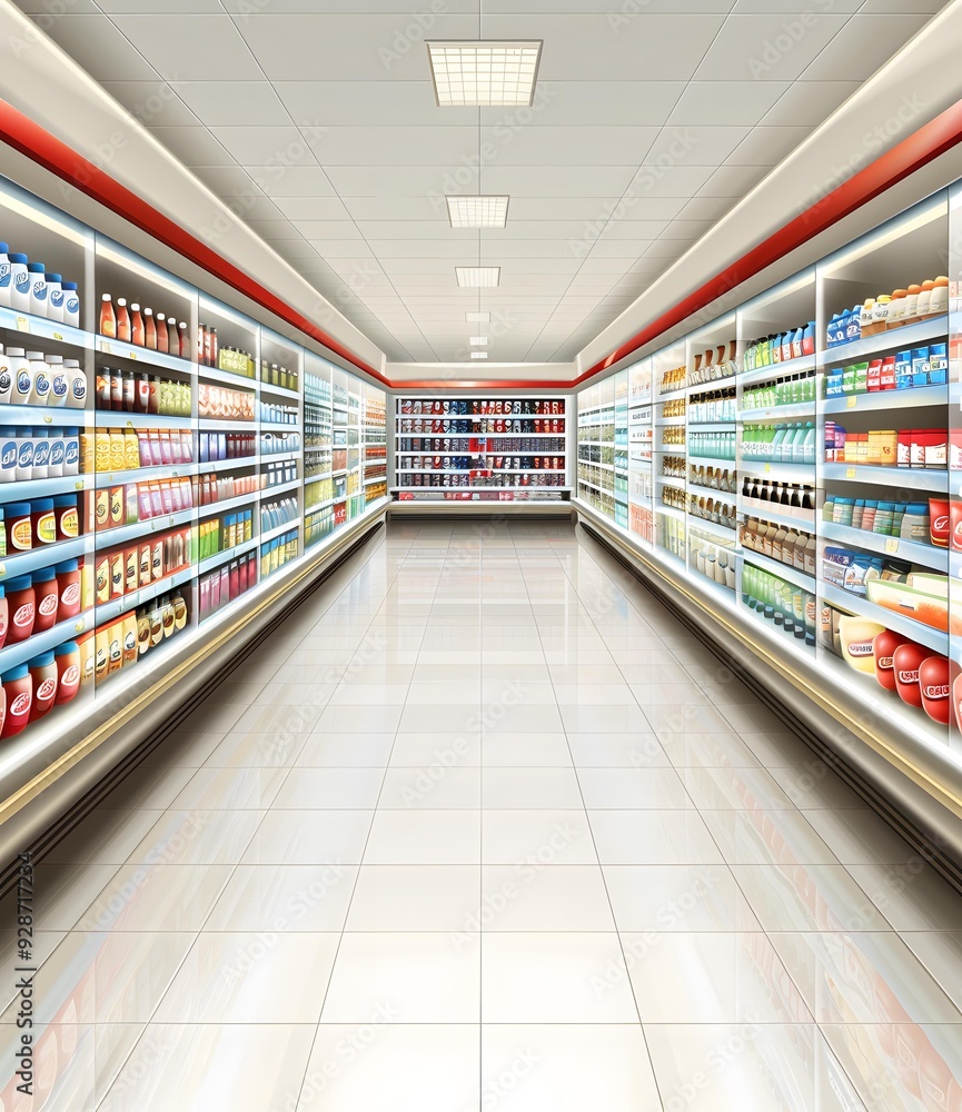 Canvas Prints Empty Supermarket Aisle with Shelves Full of Products