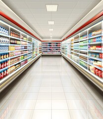 Empty Supermarket Aisle with Shelves Full of Products