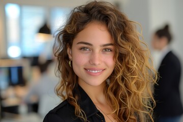 Obraz premium Young woman with curly hair and a bright smile standing in a modern office environment with colleagues working in the background