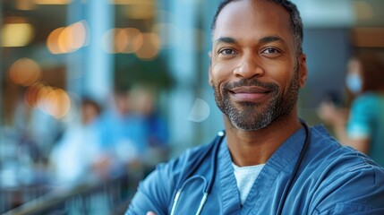 Fototapeta premium A confident and friendly healthcare professional in medical scrubs with a stethoscope, expressing warmth and professionalism in a medical setting
