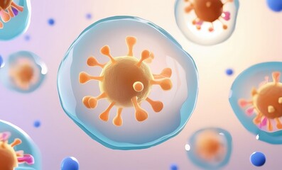 3D Illustration of Virus Particles with Orange Spikes Encased in Transparent Spheres, Floating in a Light Background