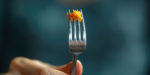 Close-up image of a fork holding a small piece of orange food against blurred background, showcasing detailed textures and colors in a minimalistic composition