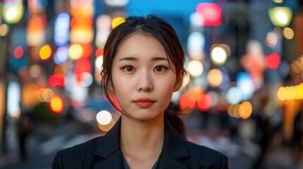 Obraz premium Portrait of a Young Woman in a Business Suit Standing on a Busy Urban Street with Colorful Blurred Lights in the Background at Night