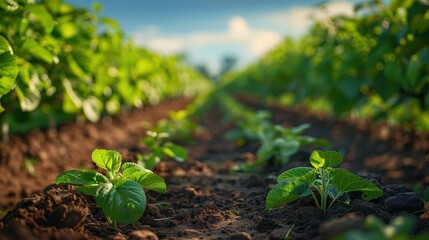 A close-up image capturing the vibrant greenery and rich soil of a flourishing agricultural field during a sunny day, highlighting the nurturing environment of young plant saplings in neat rows