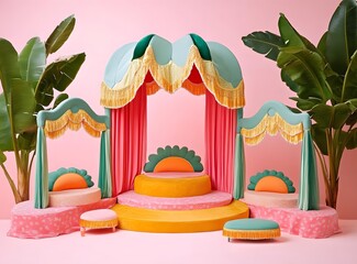 Pink and Green Canopy Bed with Fringe Detail and Palm Trees