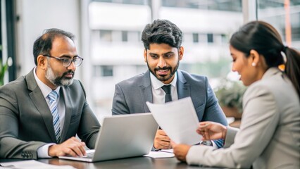 An Indian finance manager reviewing financial reports and discussing results.
