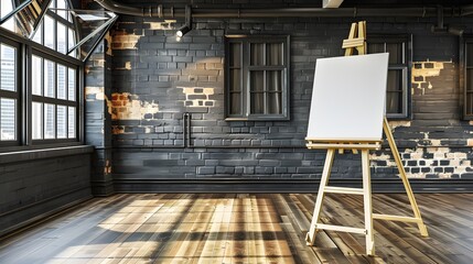 Blank Canvas on Easel in Loft Studio with Brick Wall
