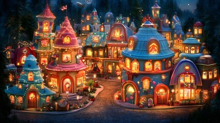 Night View of a Magical Christmas Village with Colorful Houses