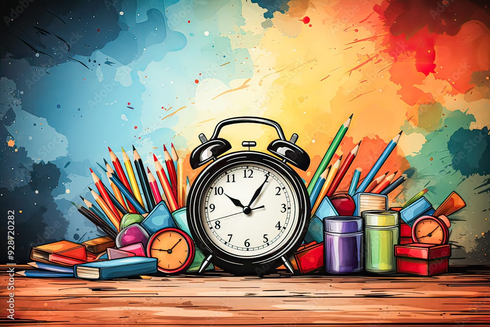 Poster a colorful clock sits on a table with a pile of school supplies. the clock is set to the time of 10: