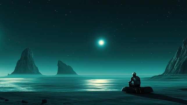Person sitting on a rock by the shore under a starry night sky, gazing at the moonlit seascape with distant cliffs.