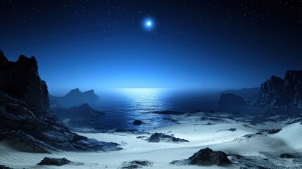 Obraz premium Serene night ocean landscape with a full moon, blue sky, and rocky shores. Perfect for nature, tranquility, and celestial-themed projects.