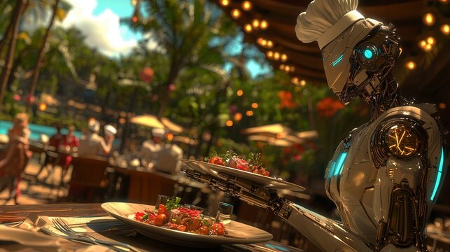 Futuristic robot waiter serving dishes in outdoor tropical restaurant, blending advanced technology with exquisite dining experience.