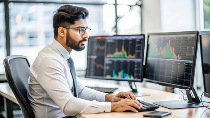 An Indian financial analyst analyzing investment data on multiple monitors.
