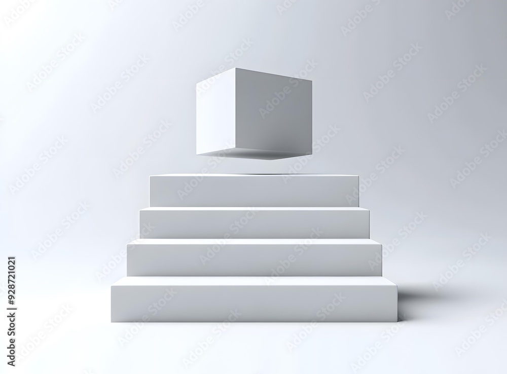 Poster abstract minimalist white cube floating over steps