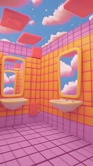 Surreal Bathroom with Clouds in the Mirror