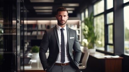 Fototapeta premium A confident businessman in a suit stands in his office 