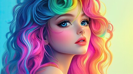Obraz premium Vibrant 3D Coloring Adventure Stunning Cartoon Lady with Rainbow Hair