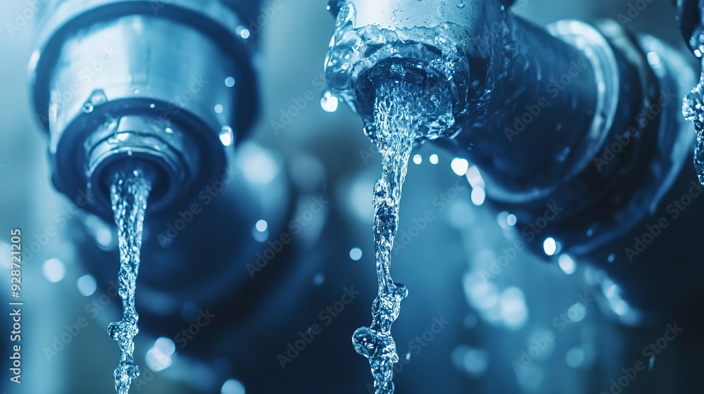Poster close-up of water pipes leaking and splashing. the image captures the urgency and importance of addr