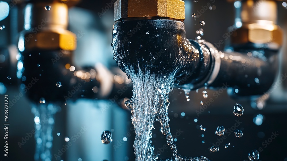 Poster close-up of water pipes leaking and splashing. the image captures the urgency and importance of addr