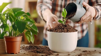Person planting a young green plant in a white pot, adding soil, and engaging in indoor gardening