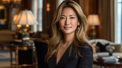 Fototapeta premium A confident woman with long wavy hair, wearing a black suit and pearl necklace, standing in an elegant, warmly lit room filled with sophisticated decor and lamps