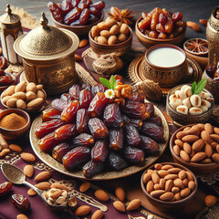 Sumptuous Spread Of Traditional Arabic Food Served During Ramadan Featuring Dates and Almonds