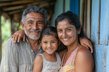 Portrait of a Latin family hugging in rural area - Happy Hispanic family in the village, Generative AI