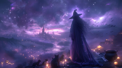  A witch casting spells on Halloween night, surrounded by bubbling cauldrons and black cats 