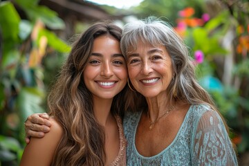 Happy, hug and portrait of a mother and woman in a garden on mothers day with love and gratitude. Smile, family and an adult daughter hugging a senior, Generative AI
