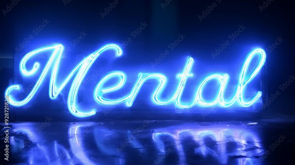 Poster neon sign displaying the word mental in a dark room setting generative ai