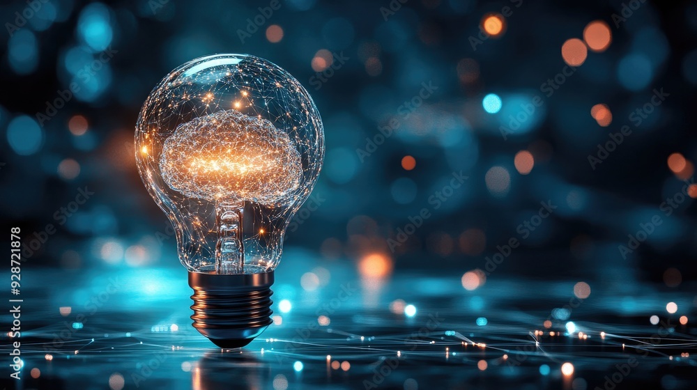 Poster ai innovation and creativity: light bulb with brain data and digital networks, symbolizing the inter