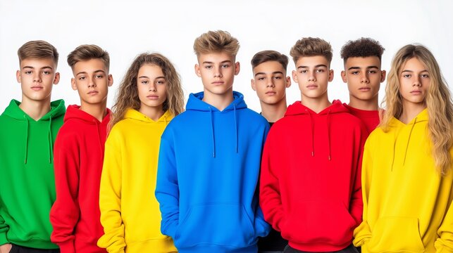 A group of young people are wearing brightly colored hoodies and standing in a row. Concept of unity and camaraderie among the group, as they all wear matching colors