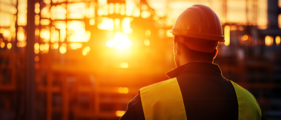 Construction worker wearing a hardhat and reflective vest, surveying site at sunset with an industrial background.