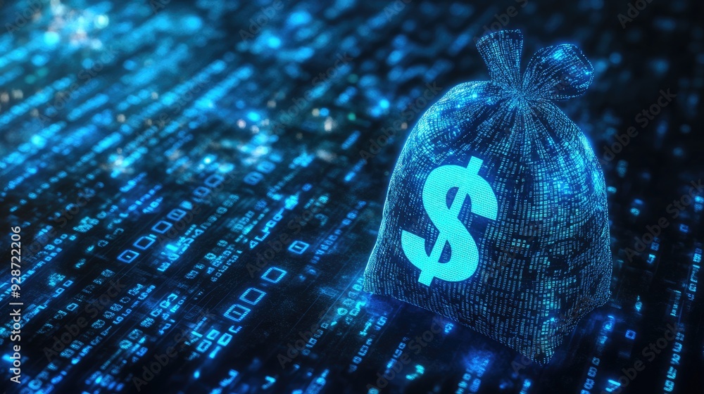 Poster ai money management: a digital moneybag with a dollar sign, highlighted against a background of bina