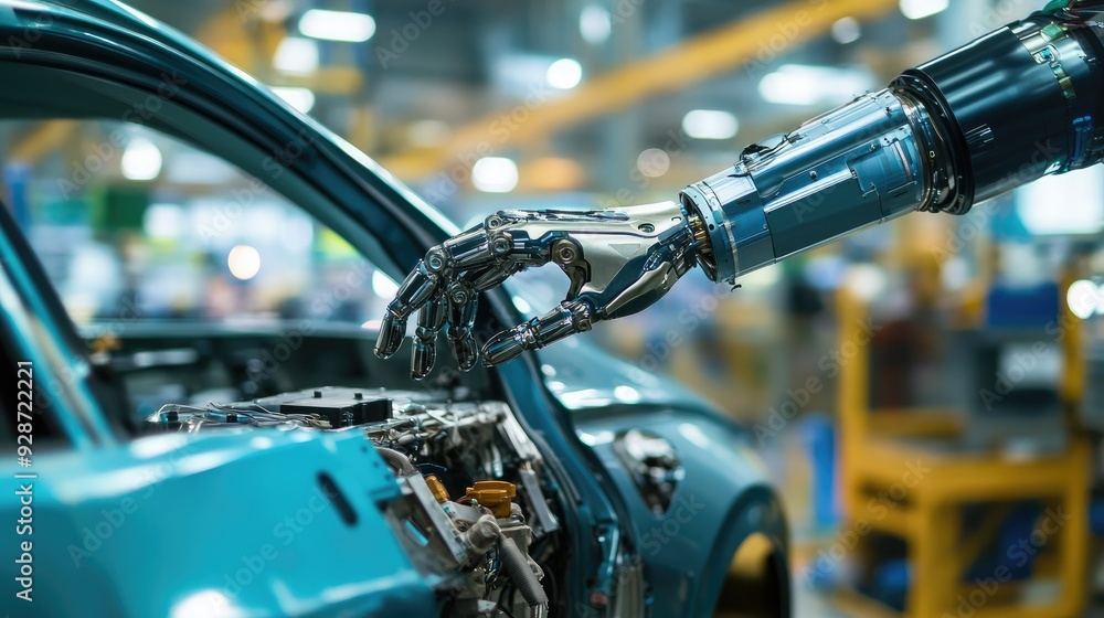 Aufkleber ai-driven car assembly: a robotic hand assembling a vehicle, highlighting the integration of ai and 