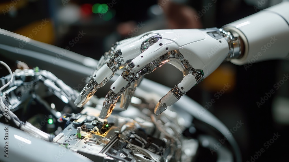 Poster ai-driven car assembly: a robotic hand assembling a vehicle, highlighting the integration of ai and 