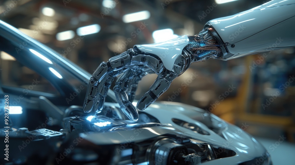 Aufkleber ai-driven car assembly: a robotic hand assembling a vehicle, highlighting the integration of ai and 